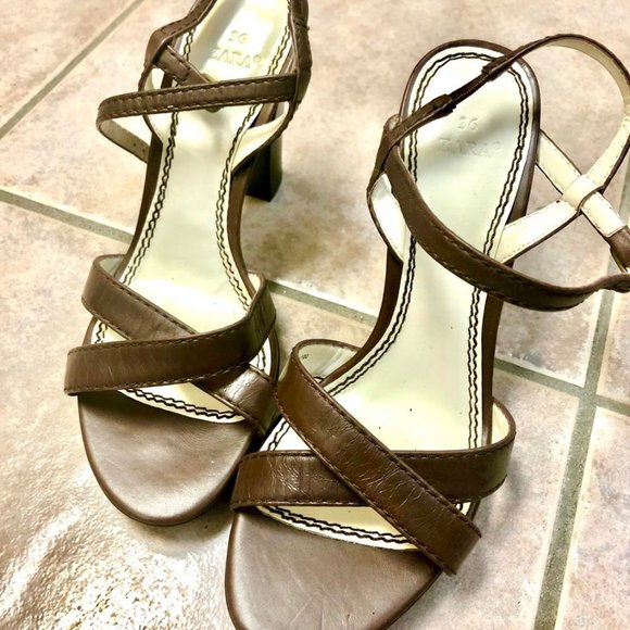Zara Brown Leather Stacked heeled Sandals - Picture 1 of 4